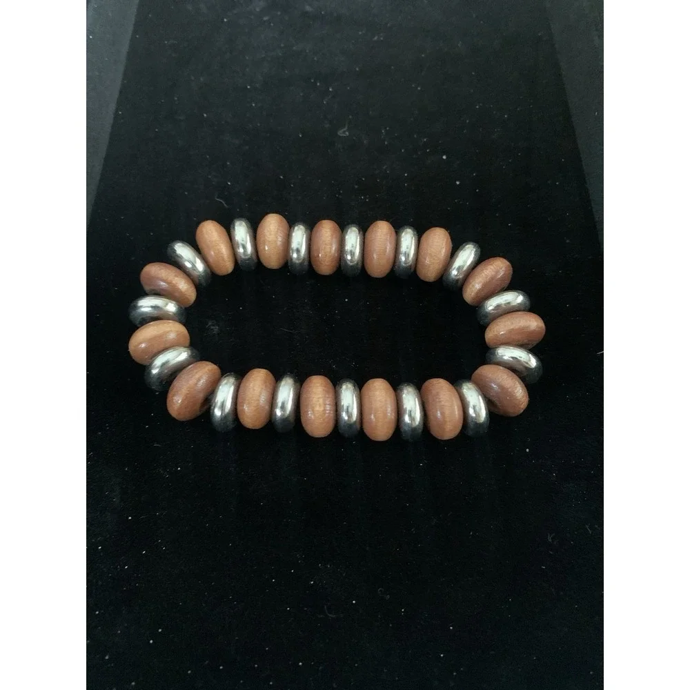 Bohemian Chic Natural Wooden And Silver Tone Metal Beaded Disc Stretch Bracelet